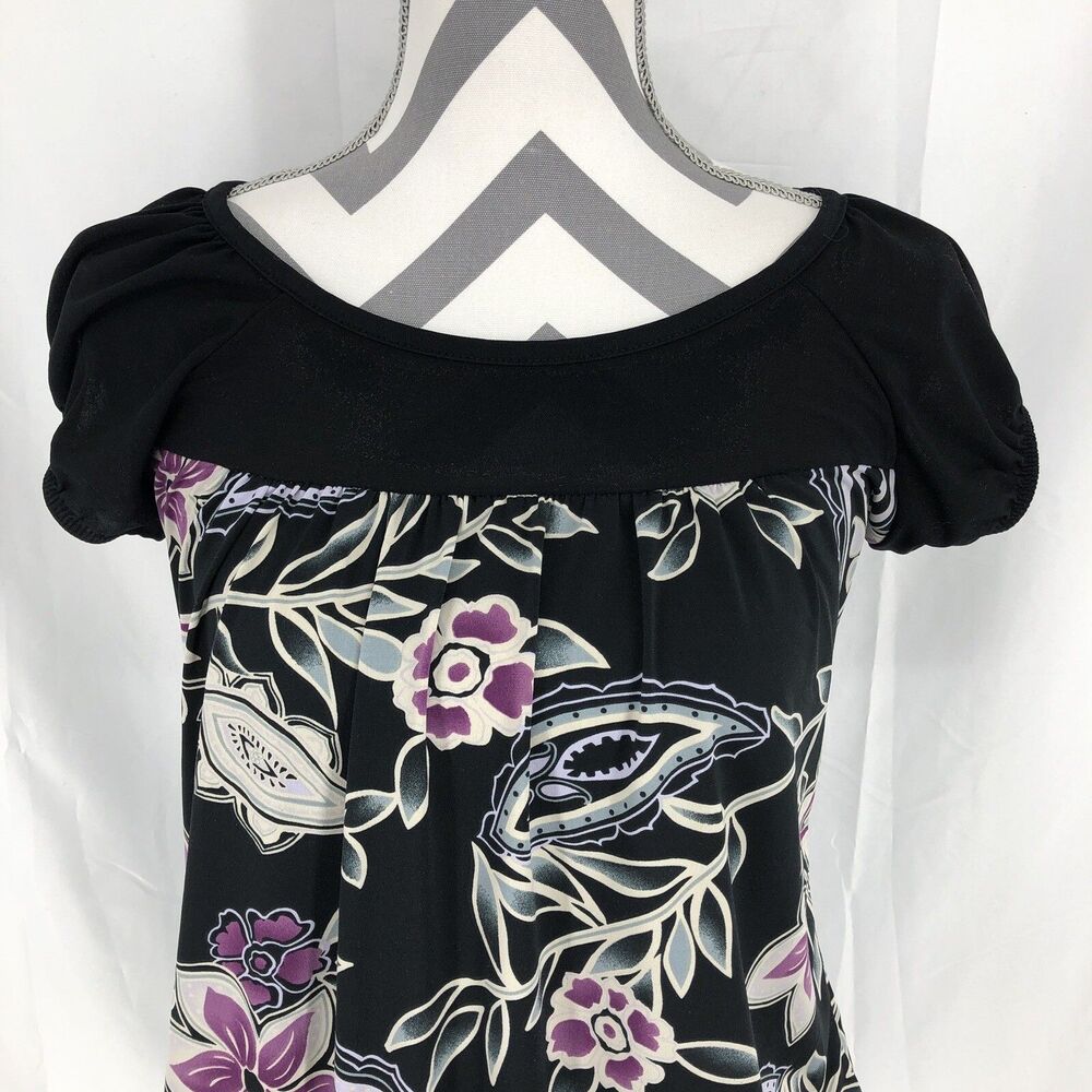 Agenda Black Floral Vintage Short Sleeve Shirt Stretch Blouse Small USA